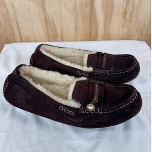 UGG Ansley Brown Suede Moccasin Slippers Women’s Size 10 Shearling Lined